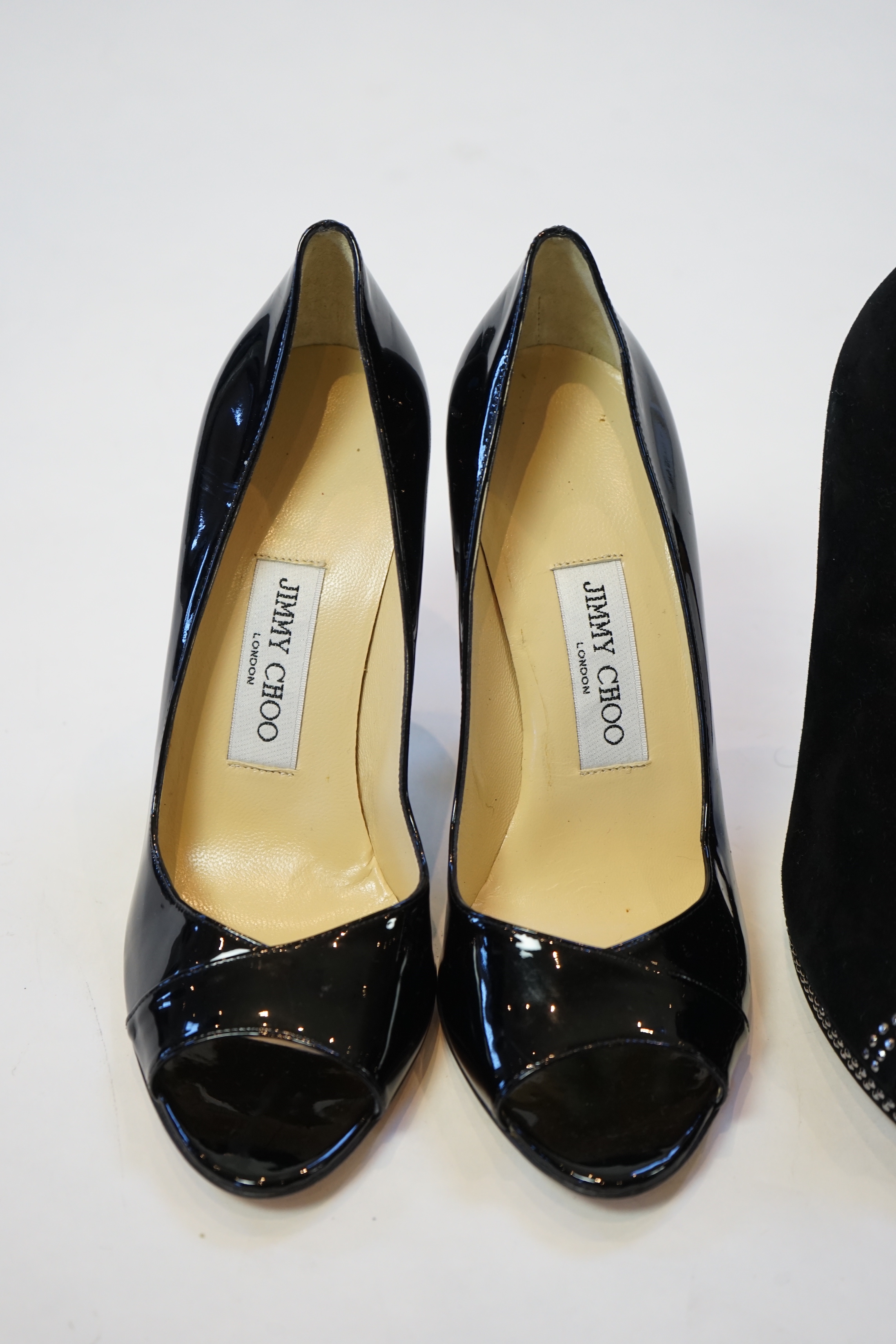 Two pairs of Jimmy Choo black lady's heeled open toe shoes, size EU 39